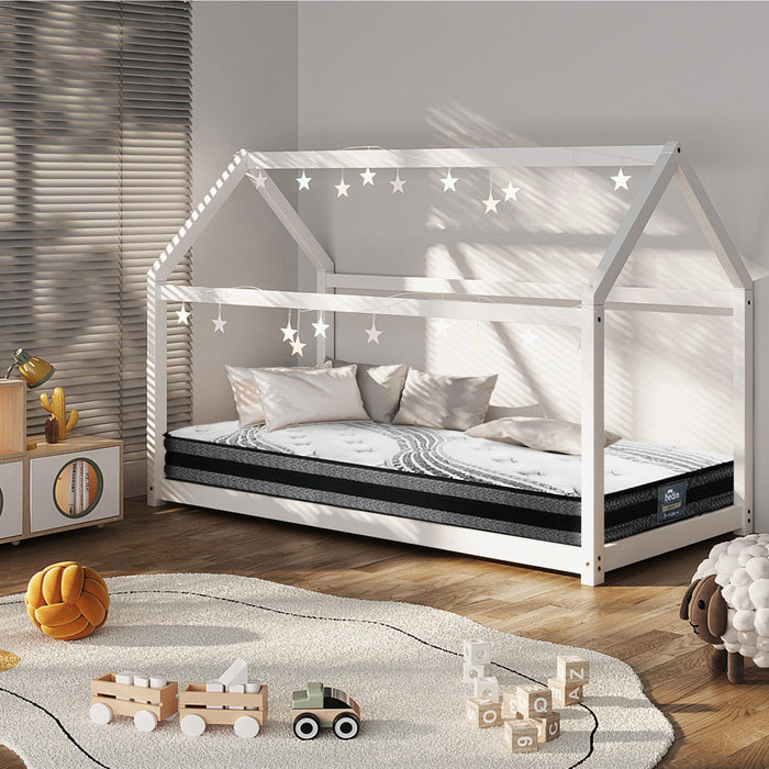 Kids Bed Frame With Single Mattress Set House Style White