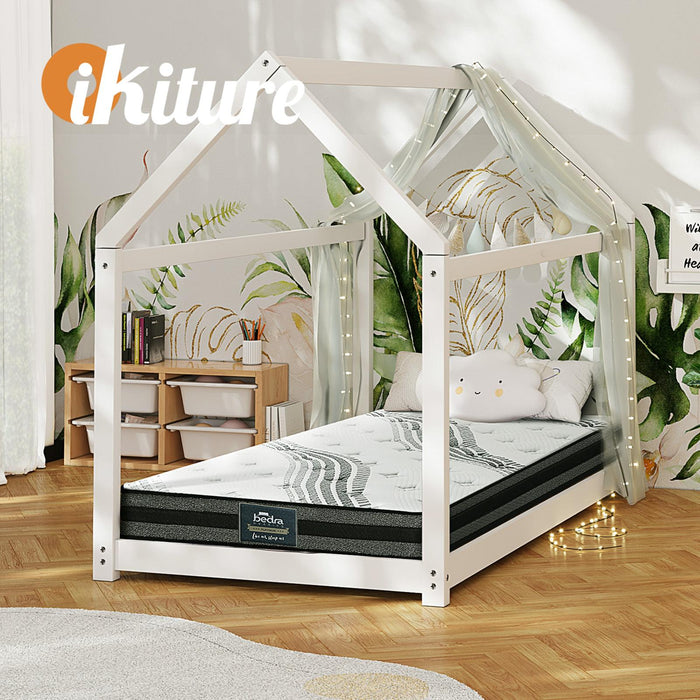 Kids Bed Frame With Single Mattress Set House Style White