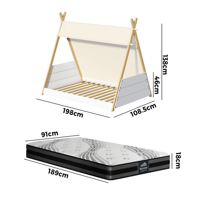 Kids Bed Frame And Mattress Timber Single House Teepee Triangle Beds