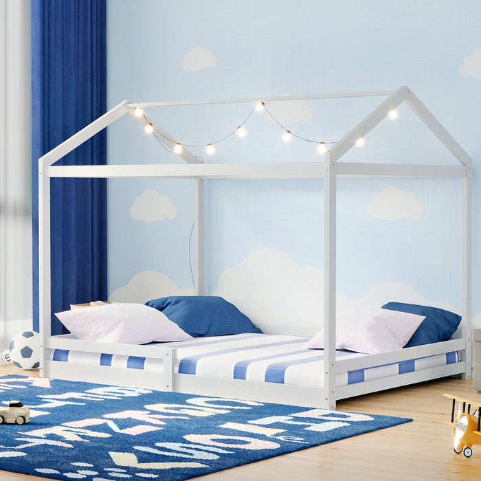 Kids Wooden Bed Frame Timber House Beds Base With Fence Double White