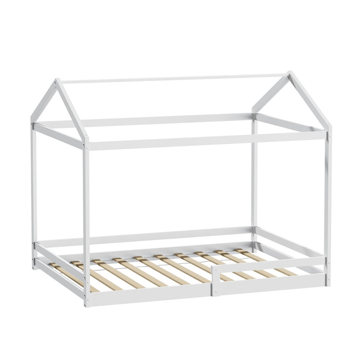 Kids Wooden Bed Frame Timber House Beds Base With Fence Double White