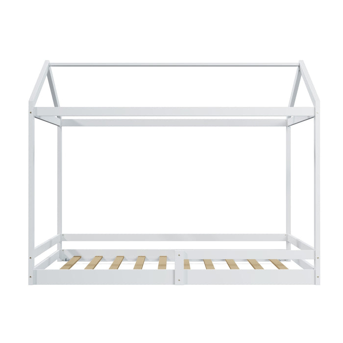 Kids Wooden Bed Frame Timber House Beds Base With Fence Double White