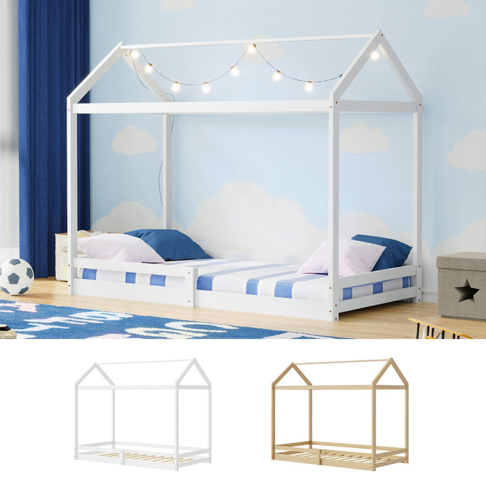 Kids Wooden Bed Frame House Beds Base Timber Fence Single Size Beige