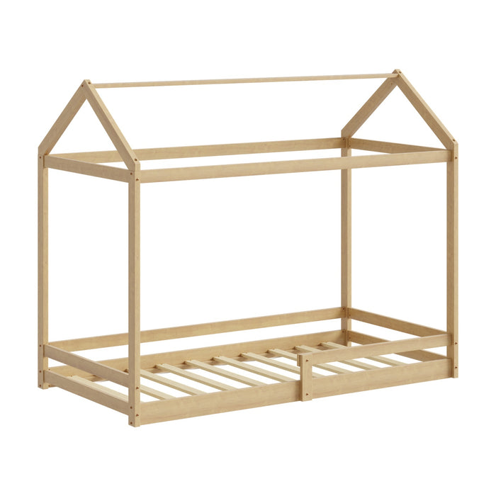 Kids Wooden Bed Frame House Beds Base Timber Fence Single Size Beige