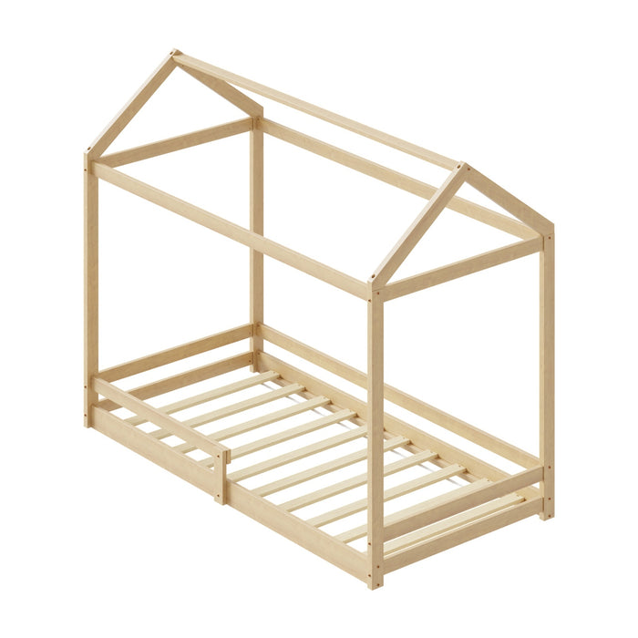 Kids Wooden Bed Frame House Beds Base Timber Fence Single Size Beige