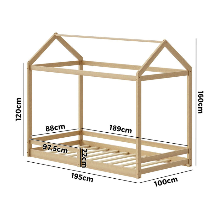 Kids Wooden Bed Frame House Beds Base Timber Fence Single Size Beige