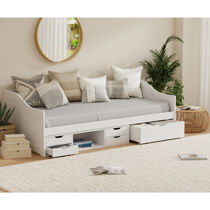 Kids Bed Frame Single Daybed With Trundle Storage Drawers Timber White