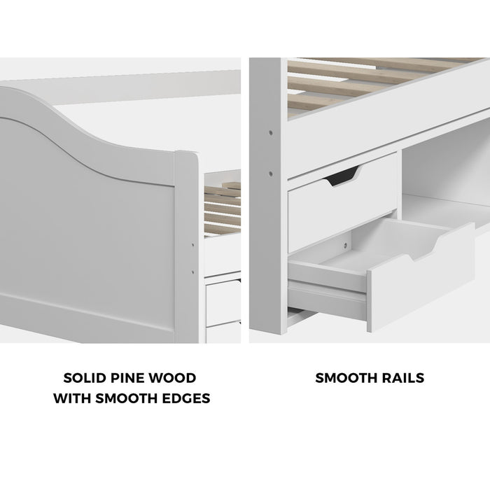 Kids Bed Frame Single Daybed With Trundle Storage Drawers Timber White