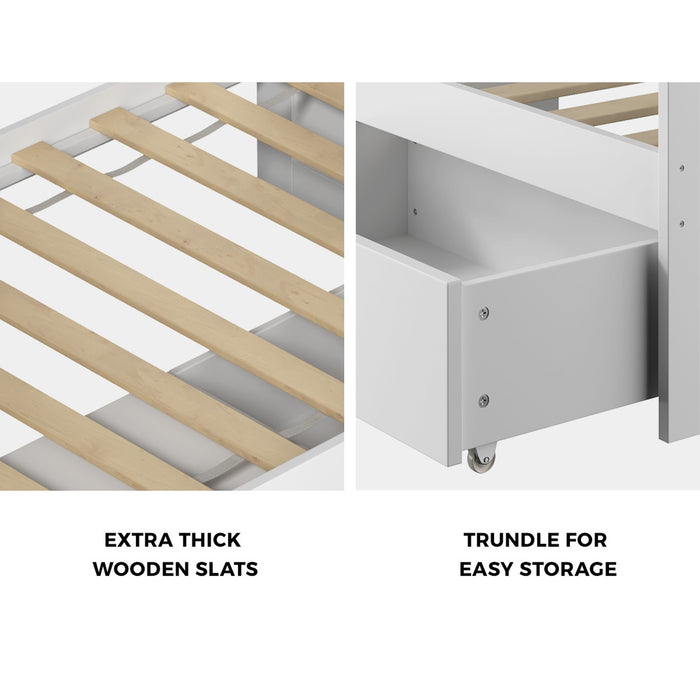 Kids Bed Frame Single Daybed With Trundle Storage Drawers Timber White