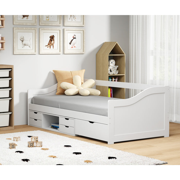 Kids Bed Frame Single Daybed With Trundle Storage Drawers Timber White