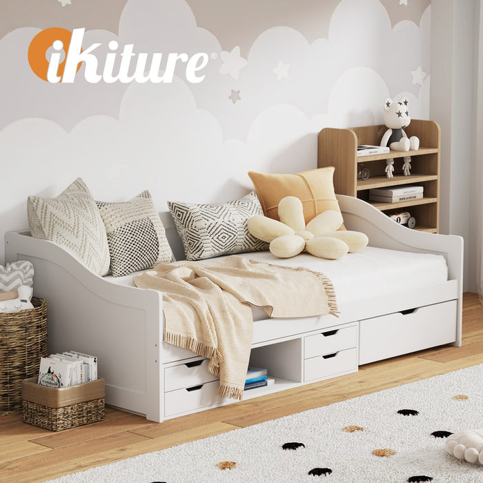 Kids Bed Frame Single Daybed With Trundle Storage Drawers Timber White