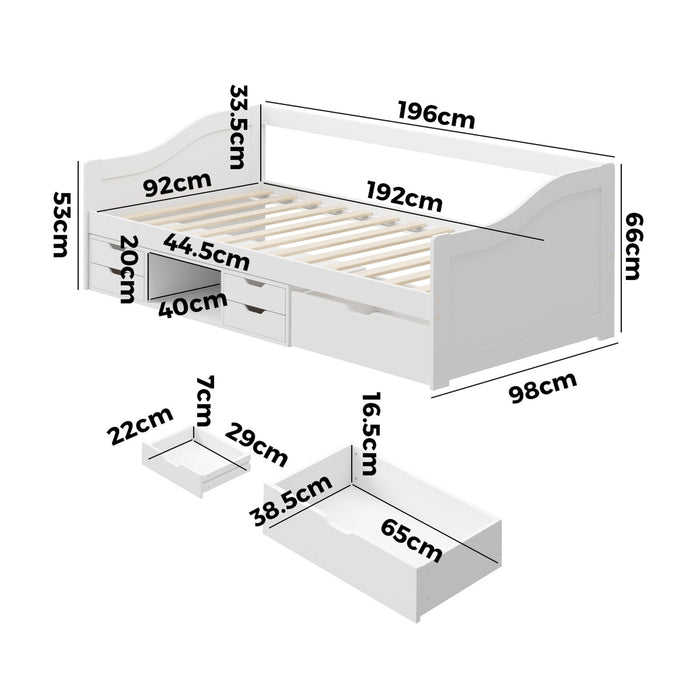 Kids Bed Frame Single Daybed With Trundle Storage Drawers Timber White