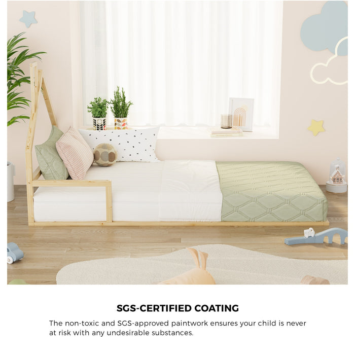 Wooden Kids Bed Frame Floor Beds Chimney Platform King Single Natural