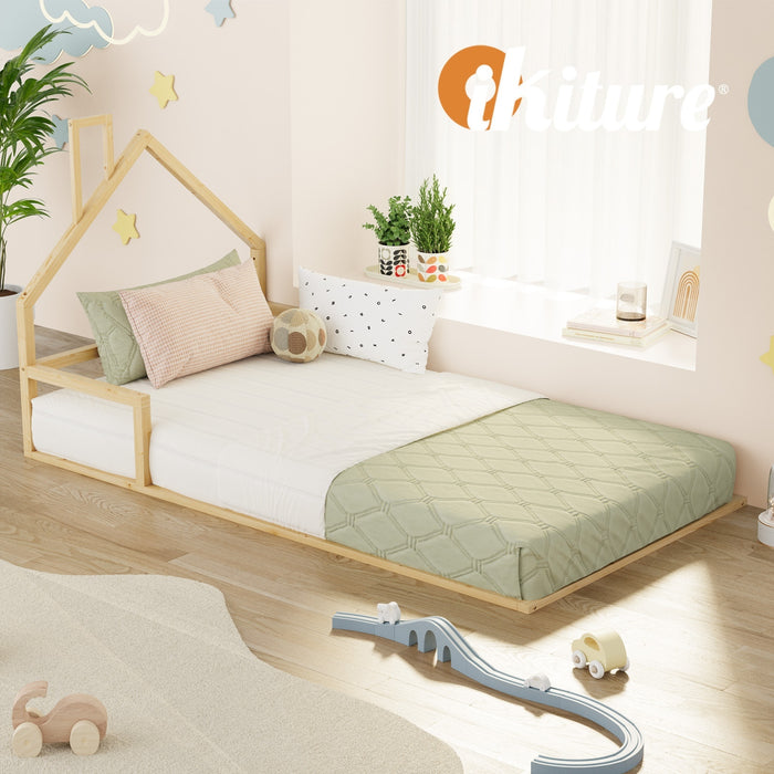 Wooden Kids Bed Frame Floor Beds Chimney Platform King Single Natural