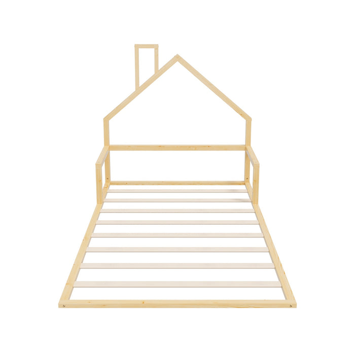 Wooden Kids Bed Frame Floor Beds Chimney Platform King Single Natural