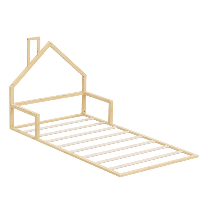 Wooden Kids Bed Frame Floor Beds Chimney Platform King Single Natural