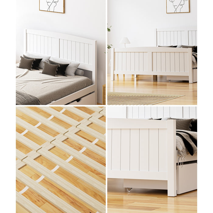 Wooden Bed Frame Double Size Base With Trundle Storage Drawers White