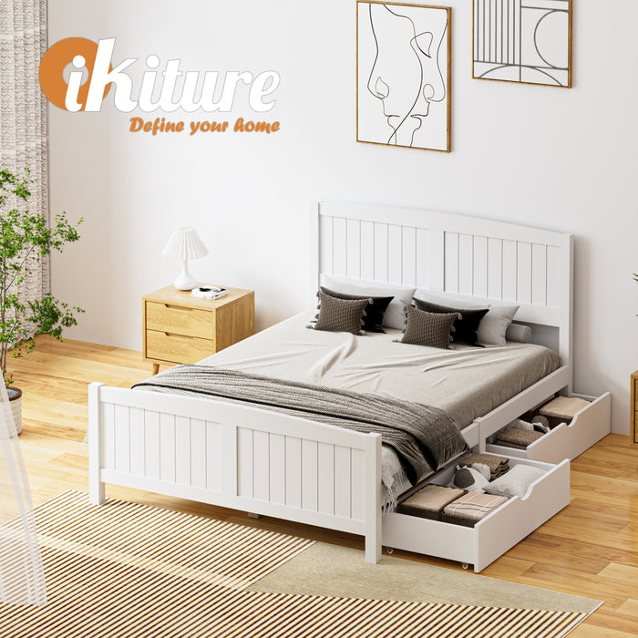 Wooden Bed Frame Double Size Base With Trundle Storage Drawers White