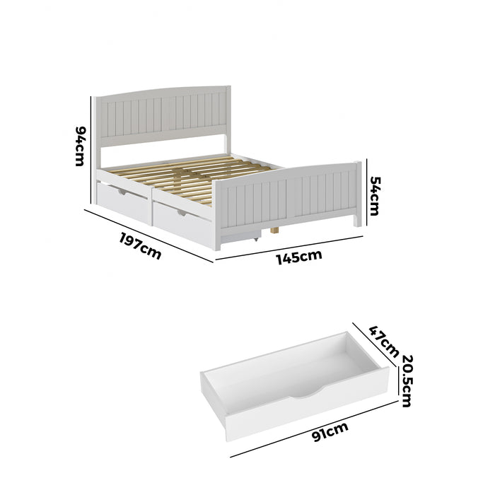 Wooden Bed Frame Double Size Base With Trundle Storage Drawers White