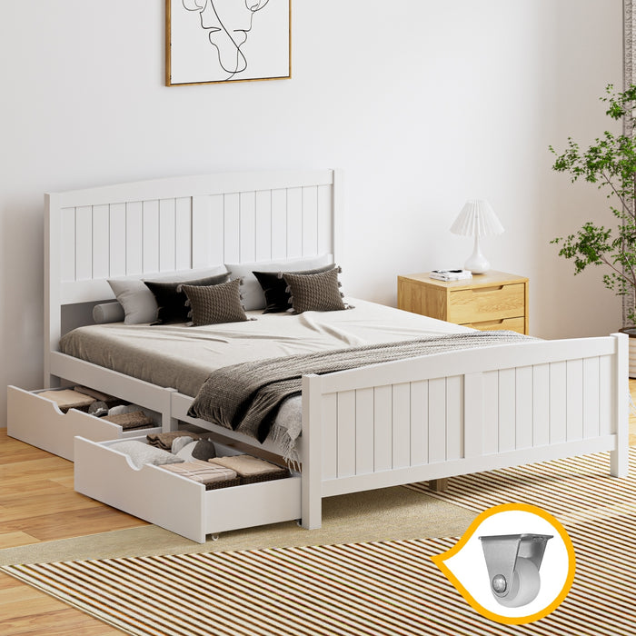 Wooden Bed Frame Double Size Base With Trundle Storage Drawers White