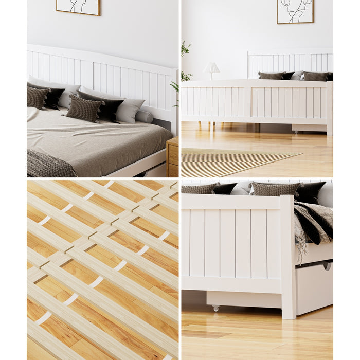 Wooden Bed Frame King Size Base With Trundle Storage Drawers White