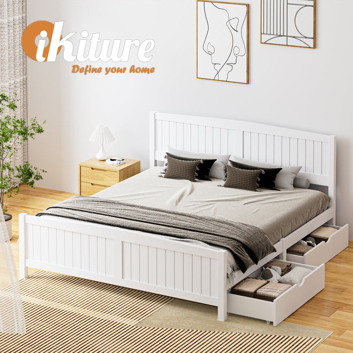 Wooden Bed Frame King Size Base With Trundle Storage Drawers White