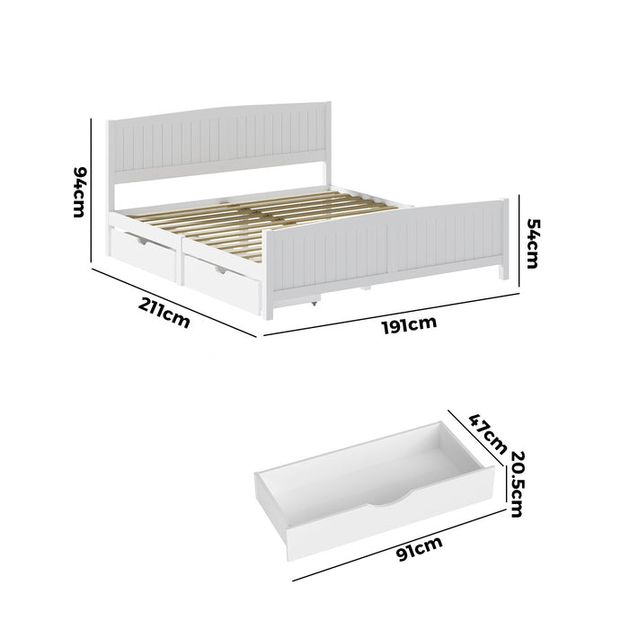 Wooden Bed Frame King Size Base With Trundle Storage Drawers White