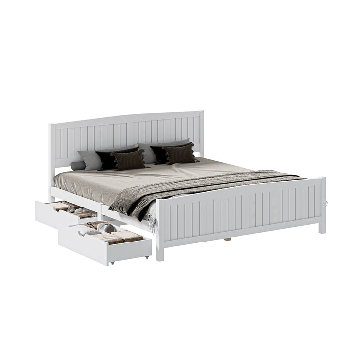 Wooden Bed Frame King Size Base With Trundle Storage Drawers White