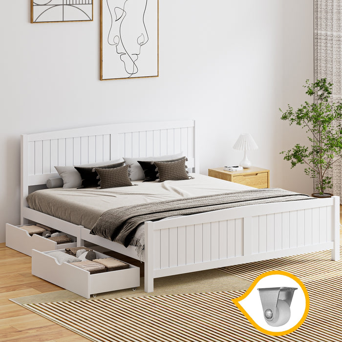 Wooden Bed Frame King Size Base With Trundle Storage Drawers White