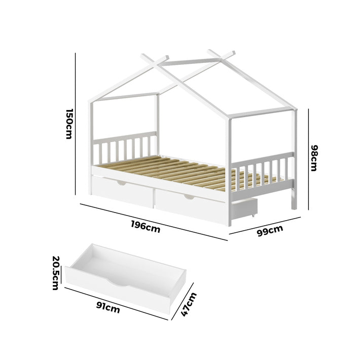 Bed Frame Wooden Single Size Timber House Frame Storage Drawers White