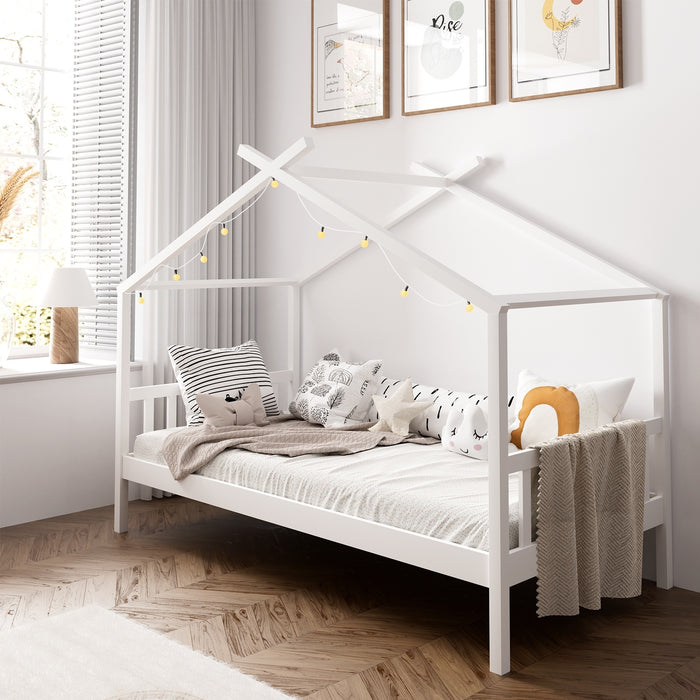 Bed Frame Wooden Base Kids Single Timber House Beds White