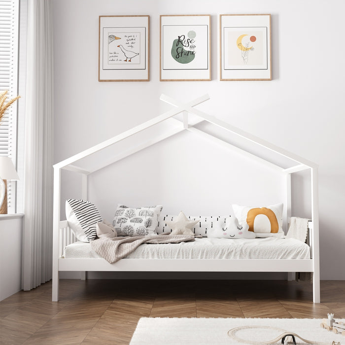 Bed Frame Wooden Base Kids Single Timber House Beds White