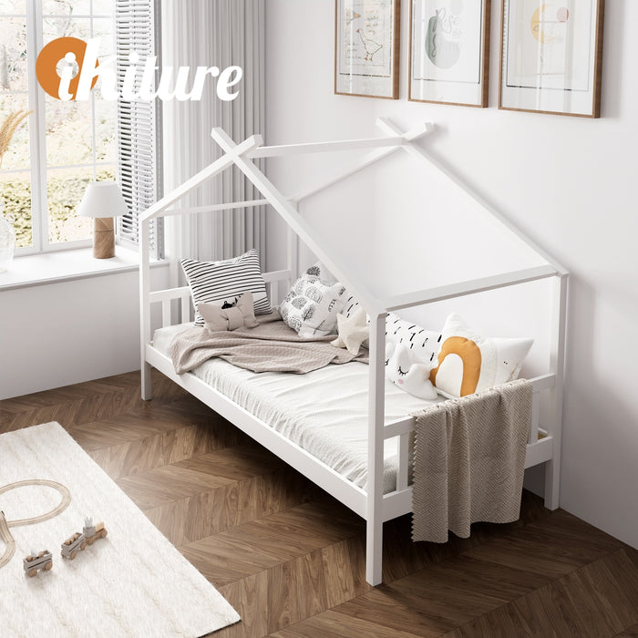 Bed Frame Wooden Base Kids Single Timber House Beds White
