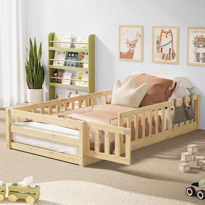 Kids Bed Frame Single Floor Beds Timber Wood Gate Guard Fence Natural