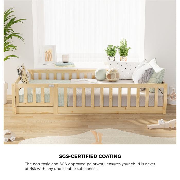 Kids Bed Frame Single Floor Beds Timber Wood Gate Guard Fence Natural