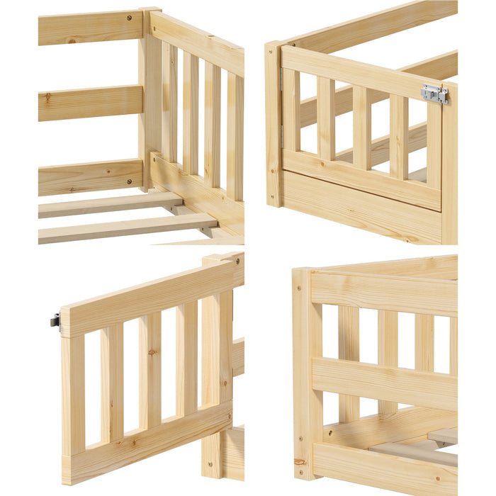 Kids Bed Frame Single Floor Beds Timber Wood Gate Guard Fence Natural
