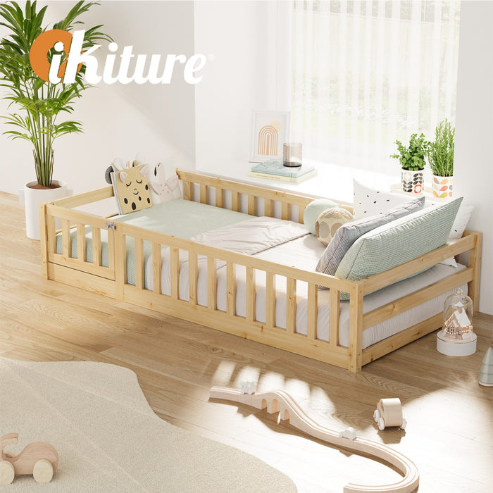 Kids Bed Frame Single Floor Beds Timber Wood Gate Guard Fence Natural