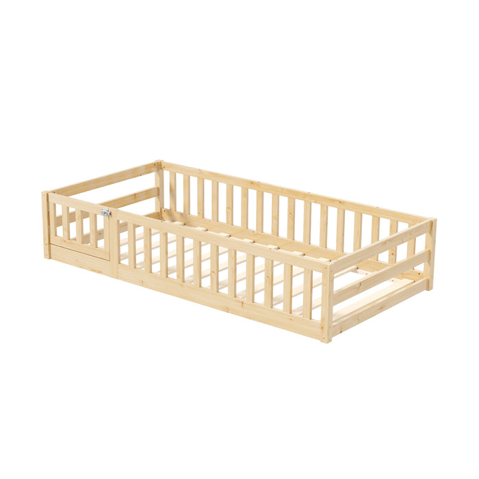 Kids Bed Frame Single Floor Beds Timber Wood Gate Guard Fence Natural