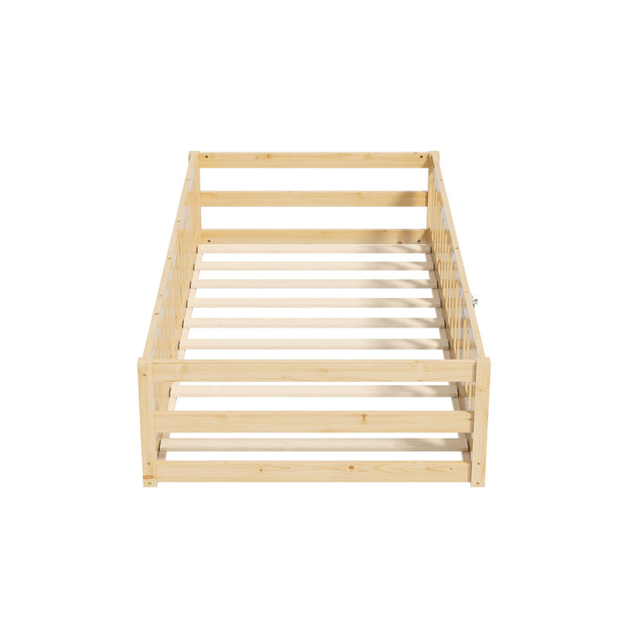 Kids Bed Frame Single Floor Beds Timber Wood Gate Guard Fence Natural
