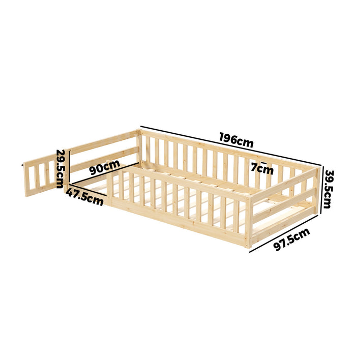 Kids Bed Frame Single Floor Beds Timber Wood Gate Guard Fence Natural