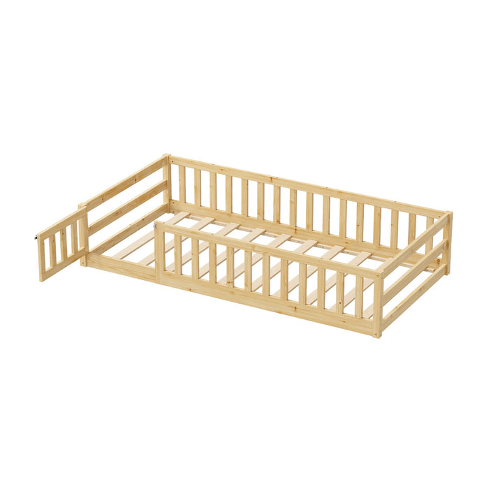 Kids Bed Frame Single Floor Beds Timber Wood Gate Guard Fence Natural