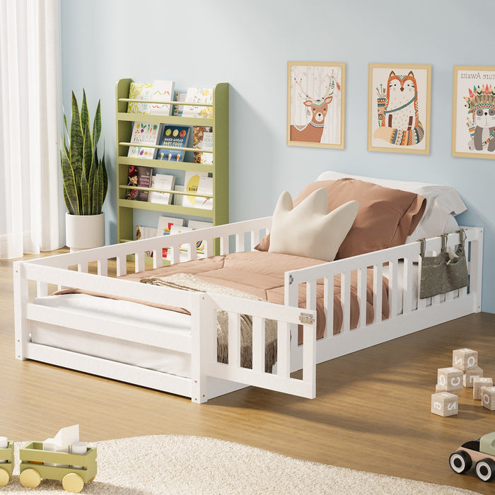 Kids Bed Frame Single Floor Beds Timber Wood Gate Guard Fence White