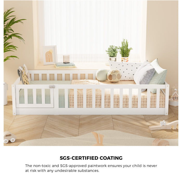 Kids Bed Frame Single Floor Beds Timber Wood Gate Guard Fence White
