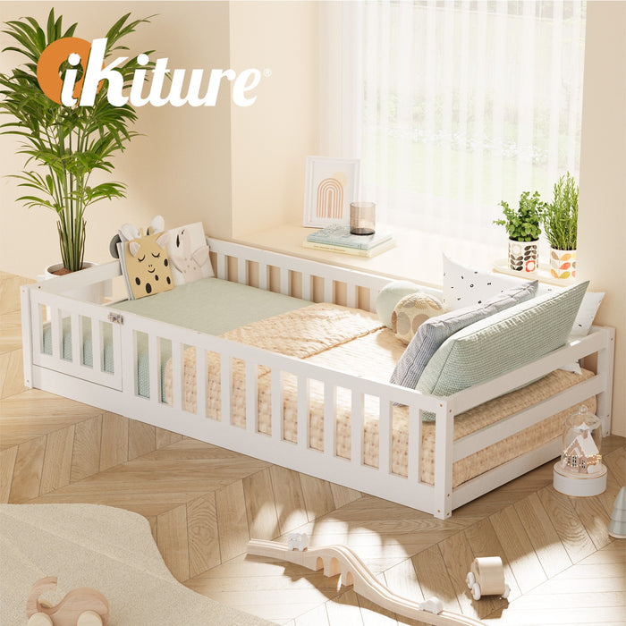 Kids Bed Frame Single Floor Beds Timber Wood Gate Guard Fence White