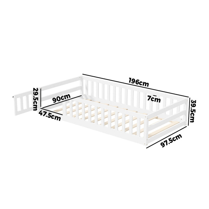 Kids Bed Frame Single Floor Beds Timber Wood Gate Guard Fence White