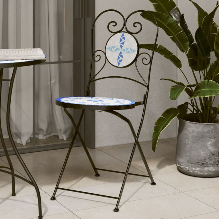 Bistro Chairs Foldable 2 Pcs Blue and White Ceramic Abbtaba