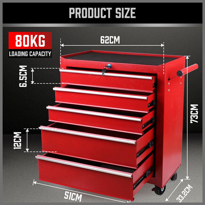 Black 5 Drawer Tool Box Trolley Cabinet Storage Cart Garage