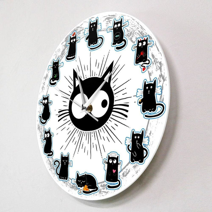 Black Cats Joy Style Wall Clock Kittens Art Silent Cartoon