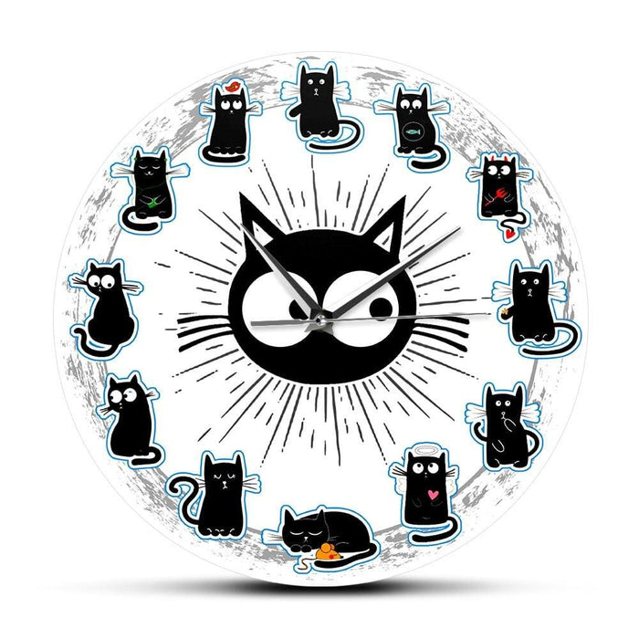 Black Cats Joy Style Wall Clock Kittens Art Silent Cartoon