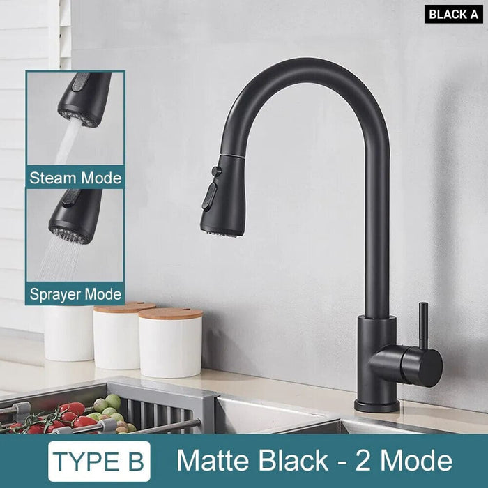 Black Kitchen Faucet with Flexible Pull out Nozzle and Hot